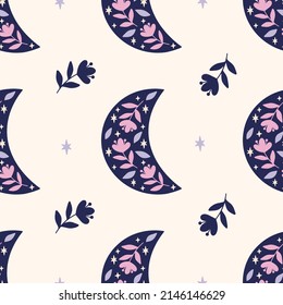 Floral moon vector seamless pattern. Trendy illustration with flower, stars on beige background. Boho luna print for fabric design, textile, kids and baby clothes, wrapping paper, wallpaper.