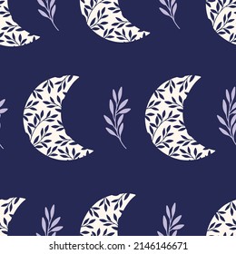 Floral moon vector seamless pattern. Trendy mystical illustration on blue background. Boho luna print for fabric design, textile, kids and baby clothes, digital paper, wallpaper, cover.