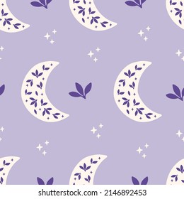 Floral moon vector seamless pattern. Trendy illustration on violet background. Luna print for fabric design, textile, kids and baby clothes, digital paper, wallpaper, cover.