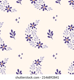 Floral moon vector seamless pattern. Trendy illustration with daisy flower, stars on beige background. Print for fabric design, textile, kids and baby clothes, digital paper, wallpaper.