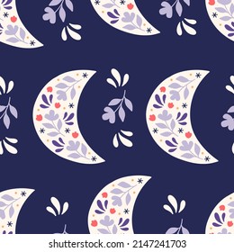 Floral moon vector seamless pattern. Trendy mystical illustration with flower on blue background. Boho print for fabric design, textile, kids and baby clothes, digital paper, wallpaper.