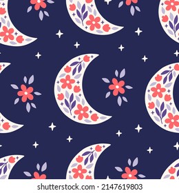 Floral moon vector seamless pattern. Trendy mystical illustration with flower, star on blue background. Boho magic print for fabric, textile, kids and baby clothes, digital paper, wallpaper.