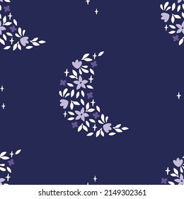 Floral moon vector seamless pattern. Trendy mystical illustration with flower on blue background. Trendy print for fabric design, textile, kids and baby clothes, digital paper, wallpaper.