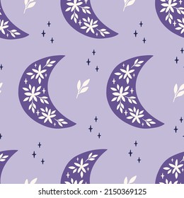 Floral moon vector seamless pattern. Trendy illustration on violet background. Luna print for fabric design, textile, kids and baby clothes, digital paper, wallpaper, cover.