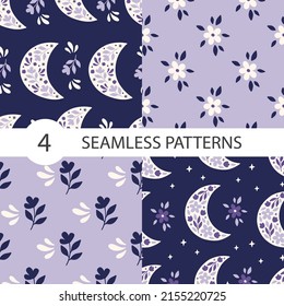 Floral moon vector seamless pattern set. Trendy illustration with flower. Print for fabric design, textile, kids and baby clothes, digital paper, wallpaper, cover.