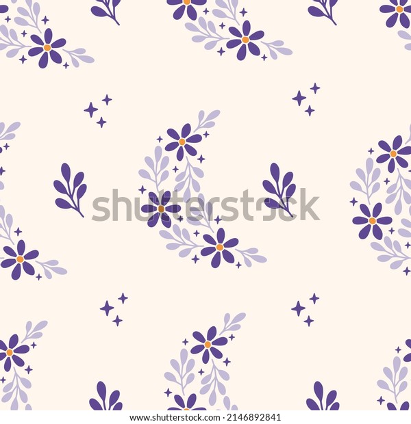 Floral moon vector seamless pattern. Trendy
illustration with daisy flower, stars on beige background. Print
for fabric design, textile, kids and baby clothes, digital paper,
wallpaper.