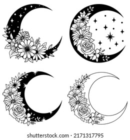 Floral moon vector,Set of floral crescent moon, Collection of silhouettes decorative beautiful flower arrangements,Vector illustration