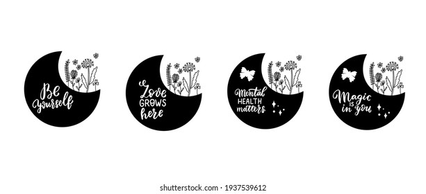 Floral moons set. Celestial boho wildflowers. Magic wild flowers dandelion, daisy, chamomile with butterfly. Silhouette bohemian vector illustration for shirt design. Boho clipart.  svg