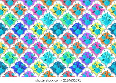 Blumenmarokkanischer Stil nahtlos Muster Design für Stoffpapier Textilien Dekoration. florenträchtige, einheimische botanische Tapete mit buntem Vektorhintergrund 