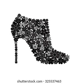 Floral mosaic black ankle boot on a high heel