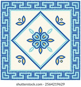 Floral mosaic ornament in blue tones in classic style. For ceramics, tiles, backdrops and other projects.