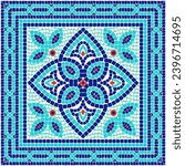 Floral mosaic ornament in bright blue and red colors. For ceramics, tiles, ornaments, backgrounds and other projects.