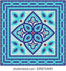Floral mosaic ornament in bright blue and red colors. For ceramics, tiles, ornaments, backgrounds and other projects.