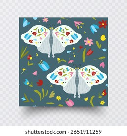 Padrão sem costura traça floral Ilustração no fundo azul-petróleo
