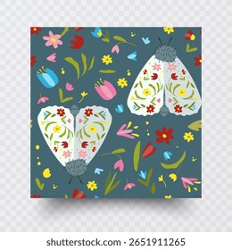 Patrón sin fisuras de polilla floral ilustración sobre fondo verde azulado