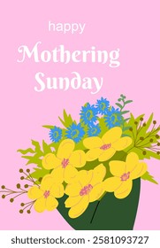 Floral mothering sunday greeting card with vibrant yellow and blue flowers.