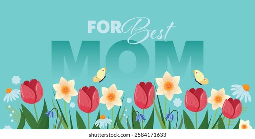 Floral Mother's Day Greeting Card with Spring Flowers and Butterflies. Trendy  banner, poster, flyer, label or cover template.