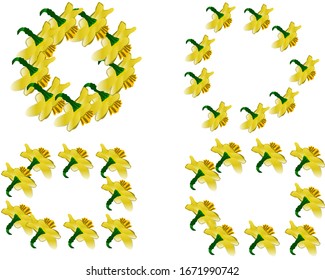 Floral motif banner. Spring frames template with daffodils isolated on white background. Vector illustration.