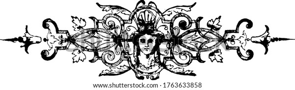 A floral motif, decorated with a face,\
repeated designs and bold patterns, vintage line drawing or\
engraving illustration.