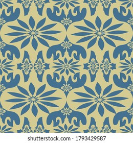 Floral motif elegant simple seamless pattern flat vector for packaging, wallpaper, textile and tile. Modern geometric abstract ethnic endless fabric on blue color background.