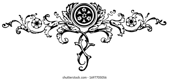 Floral motif have a dark circle in center, vintage line drawing or engraving.
