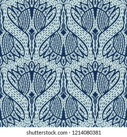 Floral Motif Sashiko StyleJapanese Needlework Seamless Vector Pattern. Hand Stitch Indigo Blue Batik Texture for Textile Print, Japan Decor, Embroidery Backdrop, Ethnic Indonesia Fashion Print Fabric.