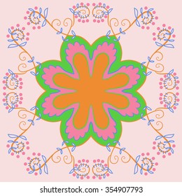 Floral motif, spirals, ellipses, branches, stylized flower,leaves, circular pattern. Hand drawn.