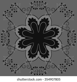 Floral motif, spirals, ellipses, branches, stylized flower,leaves, circular pattern. Hand drawn.