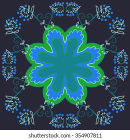Floral motif, spirals, ellipses, branches, stylized flower,leaves, circular pattern. Hand drawn.