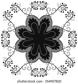 Floral motif, spirals, ellipses, branches, stylized flower,leaves, circular pattern. Hand drawn.