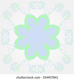 Floral motif, spirals, ellipses, branches, stylized flower,leaves, circular pattern. Hand drawn.