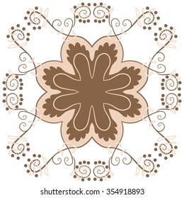 Floral motif, spirals, ellipses, branches, stylized flower,leaves, circular pattern. Hand drawn.