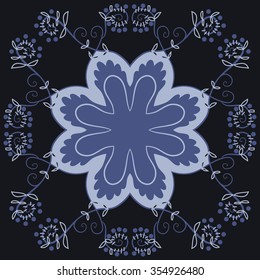 Floral motif, spirals, ellipses, branches, stylized flower,leaves, circular pattern. Hand drawn.