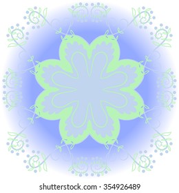 Floral motif, spirals, ellipses, branches, stylized flower,leaves, circular pattern. Hand drawn.