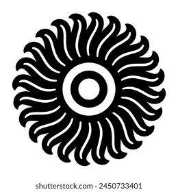 Floral motif and sun symbol. Solar sign, a circle surrounded by twenty-four flames or rays of light. Or also a blossom with petals.Black and white illustration, isolated, on white background. Vector.