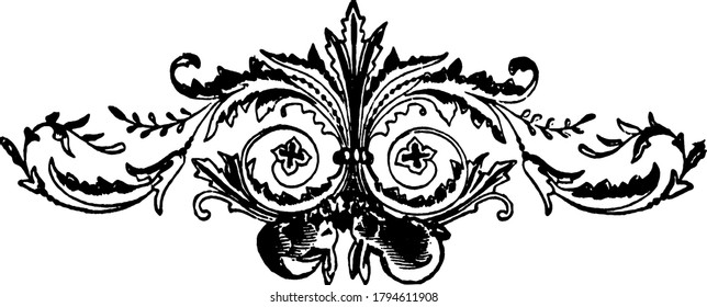 Floral motif with two rabbits at the center and the lower ends, surrounded by fancy swirls, repeated designs, floral decorations, arranged horizontally, vintage line drawing or engraving illustration.