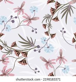 Сute floral motif. Vector texture. Small  of  pastel tones flowers and leaves intertwined in a seamless pattern on a soft light blue background. Elegant repeat design for decor, fabric, wallpapers