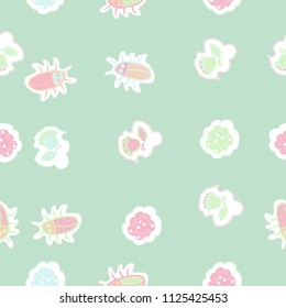  Floral motifs, beetles, dashed lines, tags seamless  pattern . Hand drawn.
