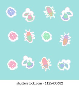  Floral motifs, beetles, dashed lines, tags pattern . Hand drawn.
