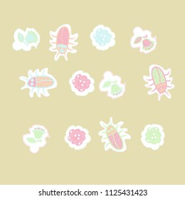  Floral motifs, beetles, dashed lines, tags pattern . Hand drawn.
