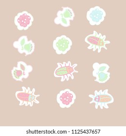  Floral motifs, beetles, dashed lines, tags pattern . Hand drawn.

