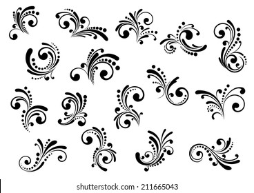 Floral motifs and design elements in swirl damask style isolated on white