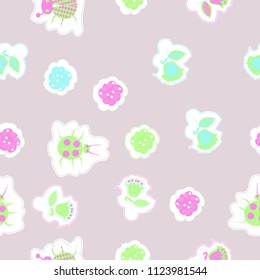 Floral motifs, lady bugs, dashed lines, tags seamless  pattern . Hand drawn.