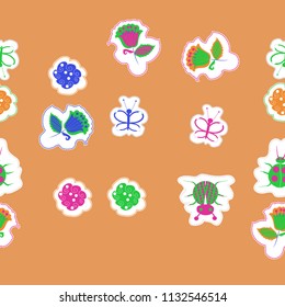 Floral motifs,butterflies, lady bugs,  dotted lines, labels seamless  pattern . Hand drawn.