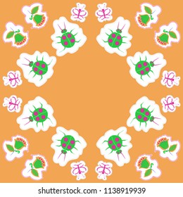 Floral motifs,butterflies, lady bugs,  dotted lines, labels pattern . Hand drawn.