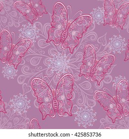 Floral motives & butterflies pattern. Seamless texture with fantasy butterflies and floral motives. 