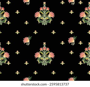Floral Mughal pattern on a black background, for textile, wallpaper, gift wrapping, print