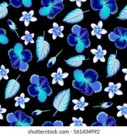 Floral with multicolor bright summer flowers, leaves and buds on black background. Endless multicolored vector texture for romantic design, decoration, posters, textile print and fabric.