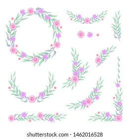 Floral multicolored Frame Collection. Set of cute retro leaf arranged un a shape of the wreath for wedding invitations and birthday cards