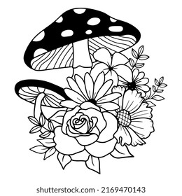 Floral mushroom,Mystical mushroom, witchy floral black and white vector